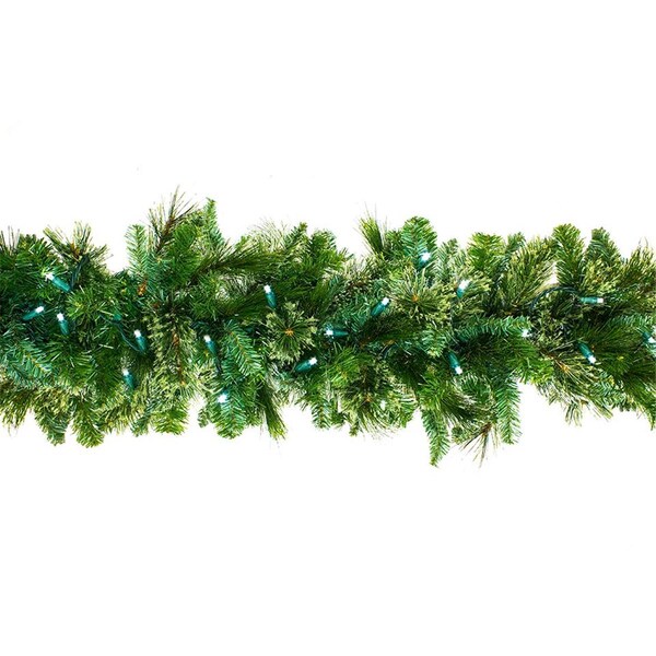Queens Of Christmas 9 ft. Blended Pine Garland Pre-Lit with LEDs, Pure White - GARBM-09-LPW