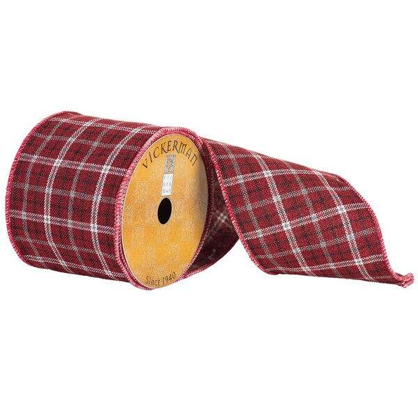 Vickerman 4 in. x 10 Yard Red White Silver Plaid Edge Ribbon - Q172512