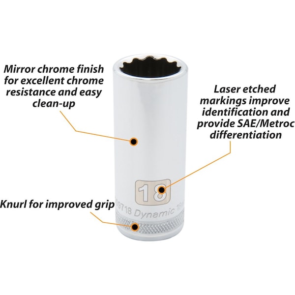 Dynamic Tools 3/8" Drive 12 Point Metric, 13mm Deep Length, Chrome Socket - D009713