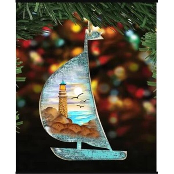 Gloriousgifts 8198524 Lighthouse Scenic Boat Scenic Wooden Christmas Ornament Set of 2 - GL1772670