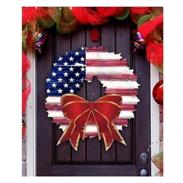Gloriousgifts 8185302 American Flag Wreath Wooden Ornament Set of 2 - GL2128664