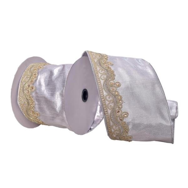 Vickerman 4 in. x 5 Yard Silver with Gold Embroidery One-Side Wired Edge Christmas Ribbon - Q222525