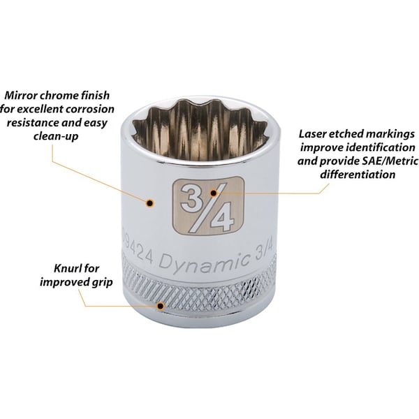 Dynamic Tools 3/8" Drive 12 Point SAE, 1/2" Standard Length, Chrome Socket - D009416