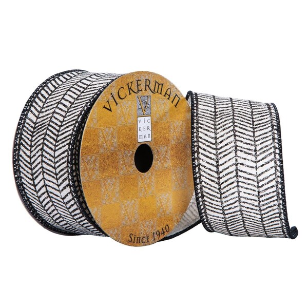 Vickerman 2.5 in. x 10 Yard Beige Black Herringbone Ribbon - Q202538