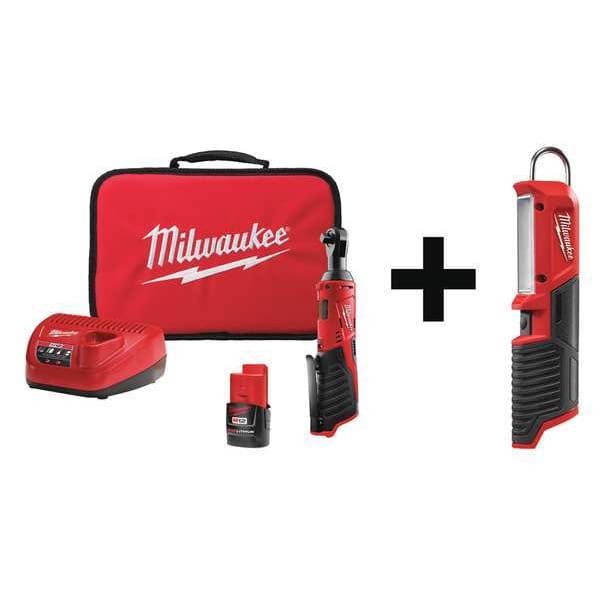 Milwaukee Tool Cordless Ratchet Kit, 12V DC, Drive Size 3/8 in, Includes Battery (1.5 Ah) - 2457-21, 2351-20