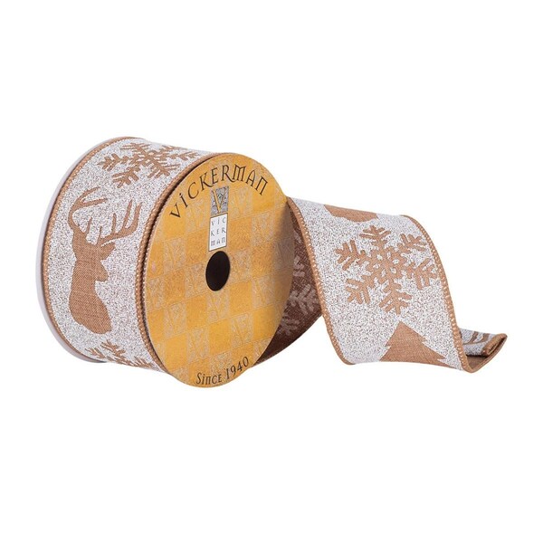 Vickerman 2.5 in. x 10 Yards Tan White Deer Tree Snowflake Ribbon, 72PK - Q180263
