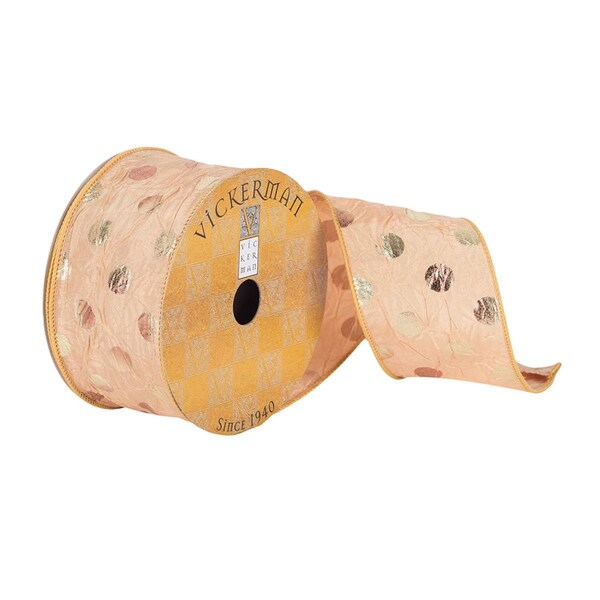 Vickerman 2.5 in. x 10 Yards Crushed Cafe Latte Dupioni Ribbon with Rose Gold Polka Dots, 72PK - Q180149