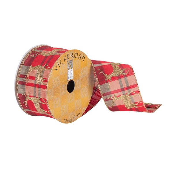Vickerman 2.5 in. x 10 Yards Red Plaid & Gold Glitter Reindeer Ribbon, 72PK - Q180608