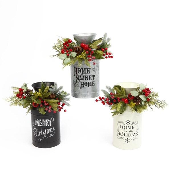 The Gerson Companies Gerson  Assorted Milk Can with Floral Accent Indoor Christmas Decor, 3PK - 9070337