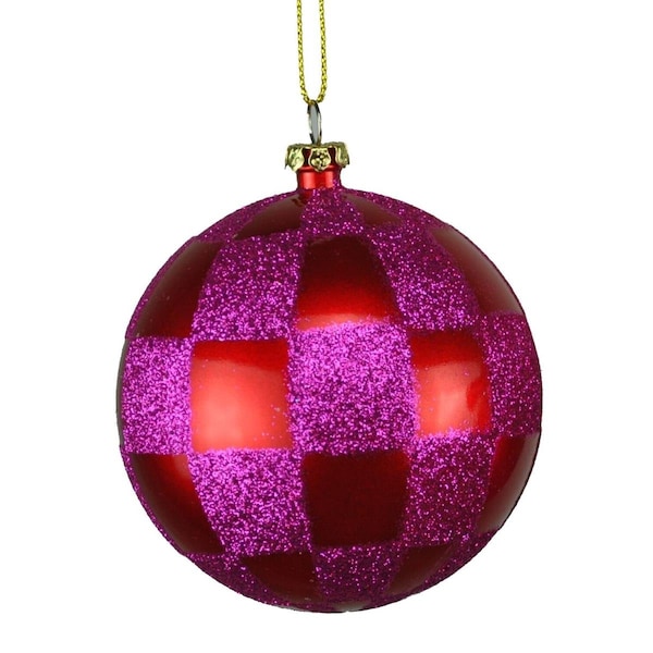Queens Of Christmas 80 mm Fuchsia & Red Checker Ball Ornament - ORN-CHKR-BALL-80-TRP