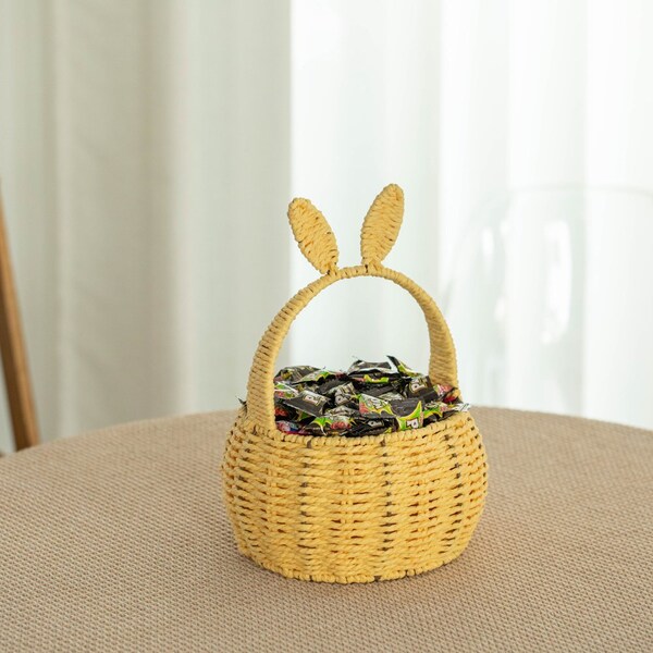 Wickerwise Hand-Woven Easter Bunny Ear Basket with Handle - Multi-Purpose Paper Rope Wicker Basket for - QI004723.YL