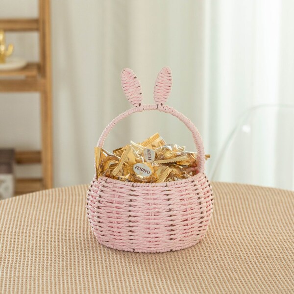 Wickerwise Hand-Woven Easter Bunny Ear Basket with Handle - Multi-Purpose Paper Rope Wicker Basket for - QI004723.PK