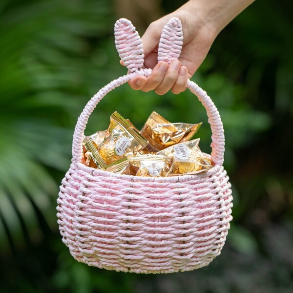 Wickerwise Hand-Woven Easter Bunny Ear Basket with Handle - Multi-Purpose Paper Rope Wicker Basket for - QI004723.PK