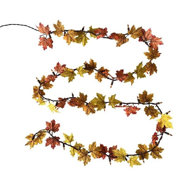 Santas Forest Maple Leaf Garland, 9 ft, Silk & Plastic, Orange, UL Adapter, Mini Bulb, Clear Light, Indoor - 19903