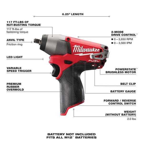 Milwaukee Tool Cordless Impact Wrench, Compact, 12VDC, Drive Size 3/8 in Square, Includes Battery (2.0 Ah) - 2454-20, 48-11-2420