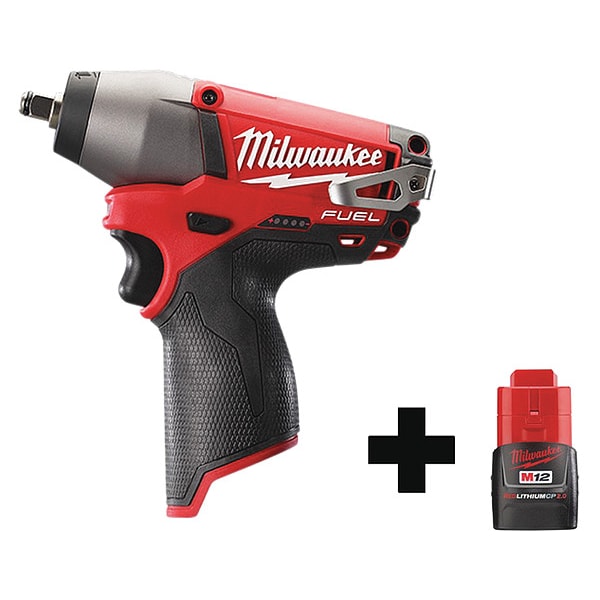 Milwaukee Tool Cordless Impact Wrench, Compact, 12VDC, Drive Size 3/8 in Square, Includes Battery (2.0 Ah) - 2454-20, 48-11-2420