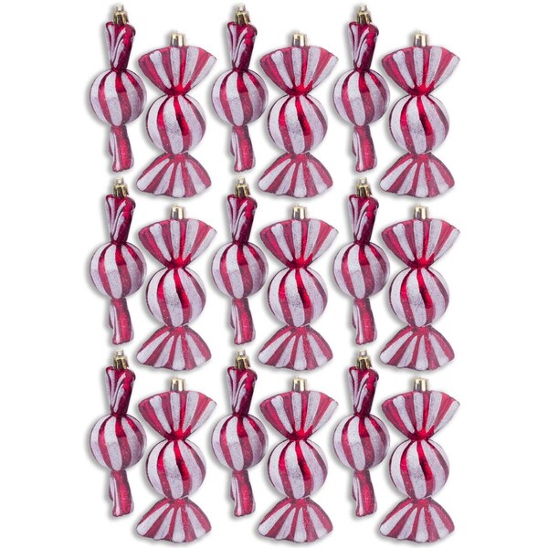 Queens Of Christmas 4 in. Red Candy Ornaments with White Glitter, Pack of 18, 18PK - ORN-18PK-CDY-RE