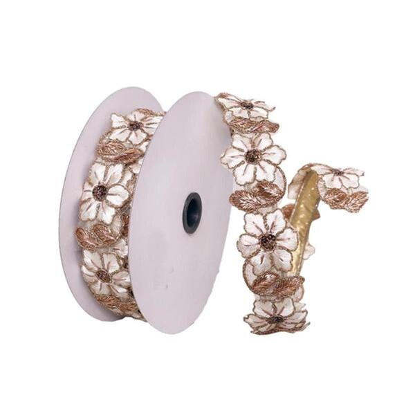Vickerman 1.5 in. x 5 Yard Cream & Rose Gold Flower Wired Edge Christmas Ribbon - Q221742