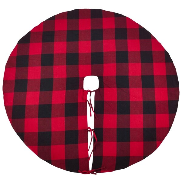 Tistheseason SARO  53 in. Round Buffalo Plaid Design Decorative Cotton Christmas Tree Skirt  Red - TI2657614