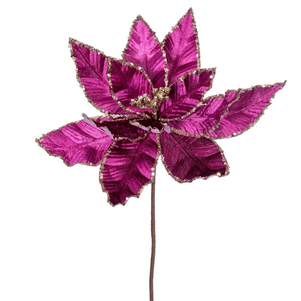 Vickerman 24 in. Velvet Sequin Trim Poinsettia Spray, Fuchsia, 3PK - RG221370