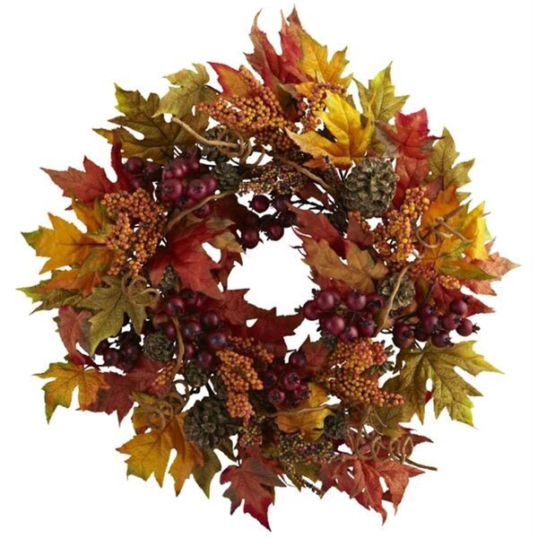Nearly Natural 24 and rdquo; Maple and Berry Wreath - 4810