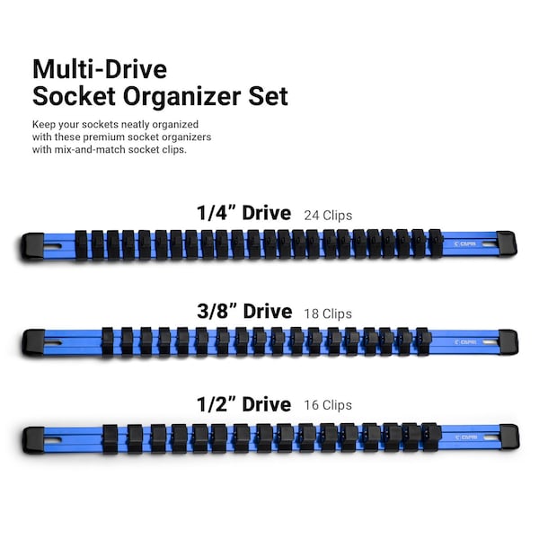 Capri Tools Aluminum Socket Rail Set, 14, 38 and 12 Drive, 17 Long, Blue, 3Pcs Rail W 58 Socket Clips - CP50200-3PK-17BL