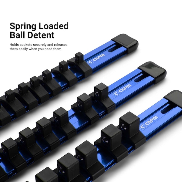 Capri Tools Aluminum Socket Rail Set, 14, 38 and 12 Drive, 17 Long, Blue, 3Pcs Rail W 58 Socket Clips - CP50200-3PK-17BL