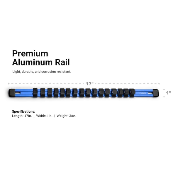 Capri Tools Aluminum Socket Rail Set, 14, 38 and 12 Drive, 17 Long, Blue, 3Pcs Rail W 58 Socket Clips - CP50200-3PK-17BL
