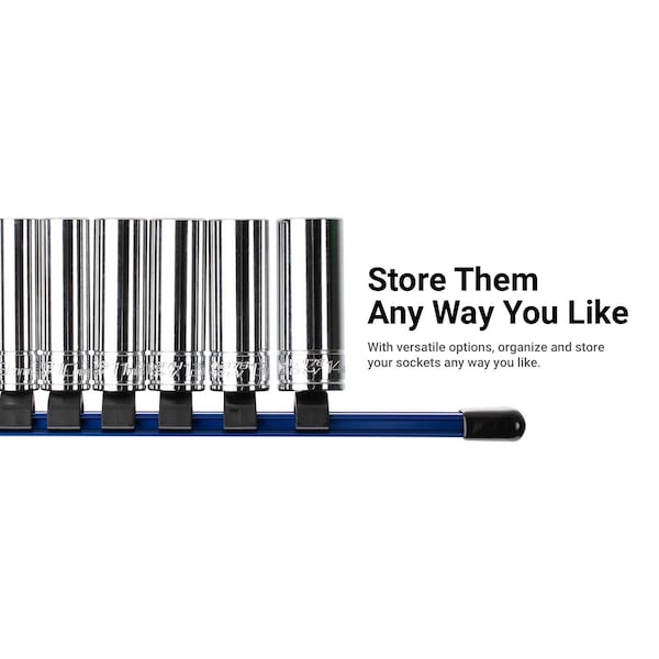 Capri Tools Aluminum Socket Rail Set, 14, 38 and 12 Drive, 17 Long, Blue, 3Pcs Rail W 58 Socket Clips - CP50200-3PK-17BL