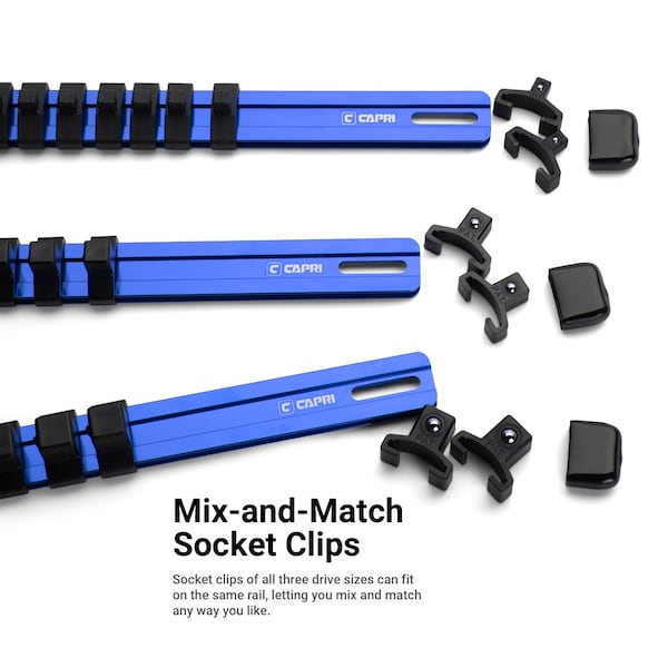 Capri Tools Aluminum Socket Rail Set, 14, 38 and 12 Drive, 17 Long, Blue, 3Pcs Rail W 58 Socket Clips - CP50200-3PK-17BL