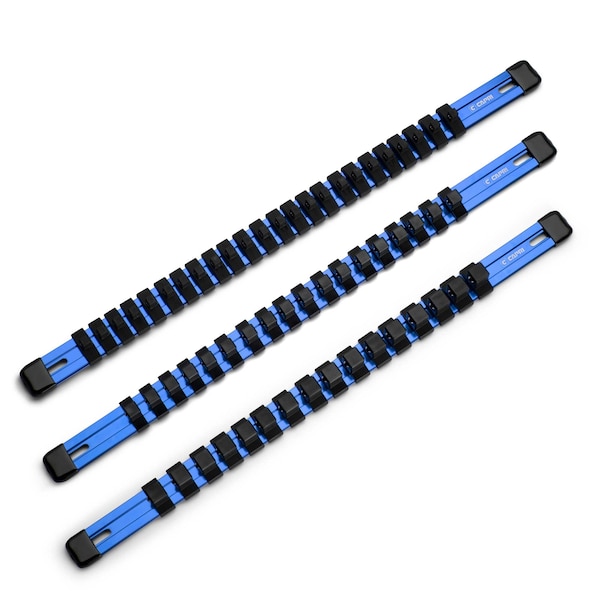 Capri Tools Aluminum Socket Rail Set, 14, 38 and 12 Drive, 17 Long, Blue, 3Pcs Rail W 58 Socket Clips - CP50200-3PK-17BL