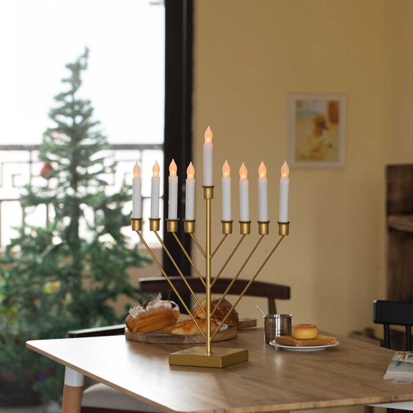Vintiquewise Nine Branch Electric Chabad Judaica Chanukah Menorah with LED Candle Design Candlestick, Gold - QI004204.GD