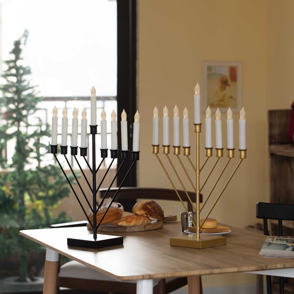 Vintiquewise Nine Branch Electric Chabad Judaica Chanukah Menorah with LED Candle Design Candlestick, Gold - QI004204.GD