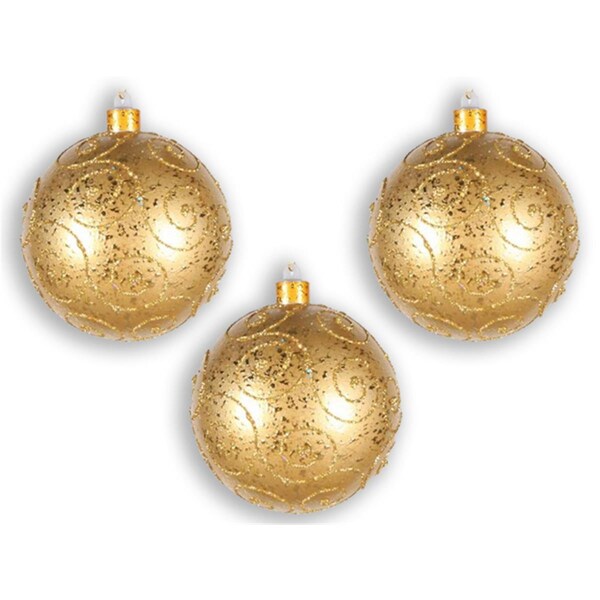 Queens Of Christmas 140 mm Glitter Ornament Ball, Gold , 3PK - ORN-BALL-140-GO-3PK