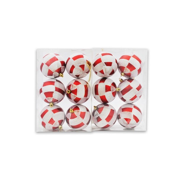 Queens Of Christmas 4 in. Ball Ornament with Plaid Design Red & White - ORN-12PK-PLD