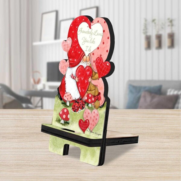 Instrumento 6 x 3 x 3 in. Gnome Buddy Love Cell Phone Stand Family Decor with Wood Mobile Holder Organizer - IN3496240