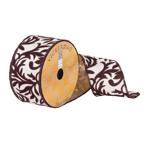 Vickerman 2.5 in. x 10 Yards Ivory Dark Brown Herati Ribbon, 72PK - Q180215