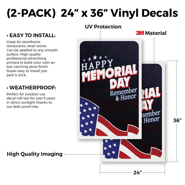 Signmission Happy Memorial Day, Vinyl Decals Only 24 Inch x 36 Inch, Vinyl Decal, 2PK - DSB-2436-2PACK-30391