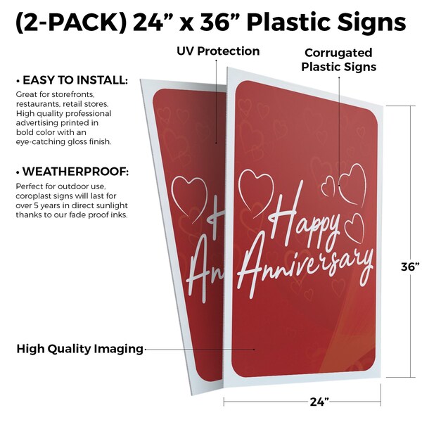 Signmission Happy Anniversary, Plastic Signs Only 24 Inch x 36 Inch, Corrugated Plastic, 2PK - CSB-2436-2PACK-30389