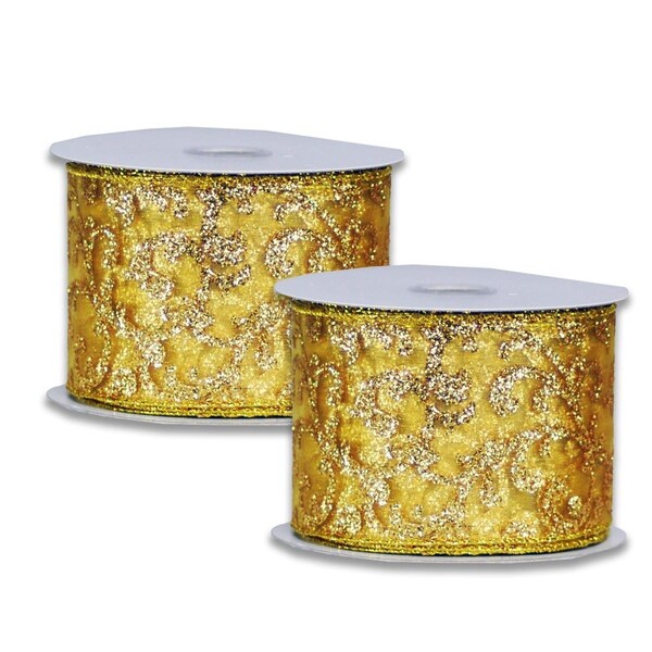 Queens Of Christmas 2.5 in. Wide 10 yards Ribbons, Gold, 2PK - RBN-19312-GO-2PK