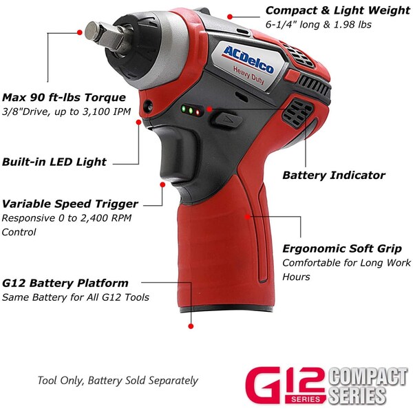Acdelco G12 K1 Combo 3/8" BLDC Ratchet, 3/8" Impact Wrench, 2-Battery - ARW12103-K1