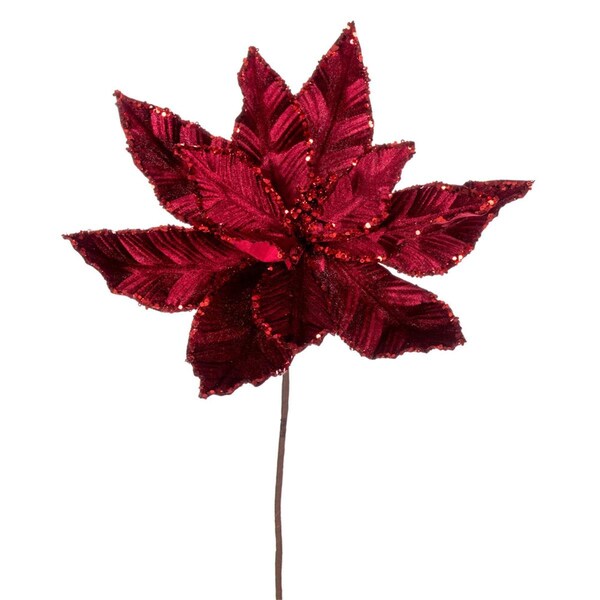 Vickerman 24 in. Velvet Sequin Trim Poinsettia Spray, Burgundy, 3PK - RG221365