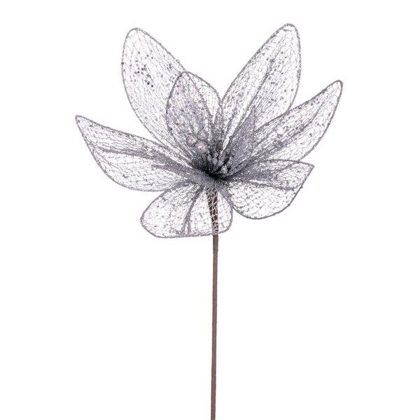 Vickerman 24 in. Mesh Glitter Sequin Poinsettia Spray, Silver, 2PK - RG221907