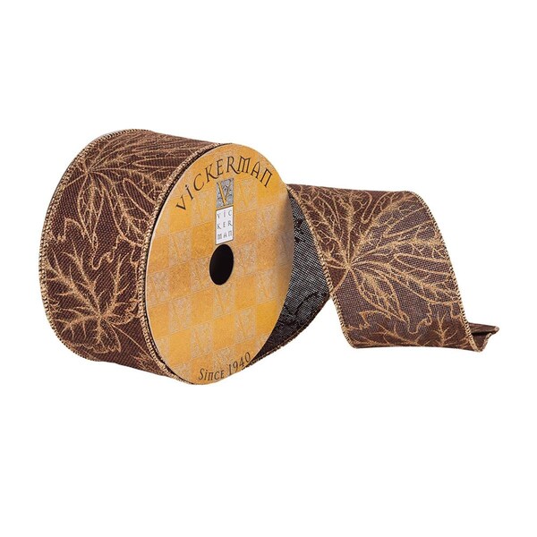 Vickerman 2.5 in. x 10 Yards Brown Dupioni Ribbon with Gold Leaves, 72PK - Q180386