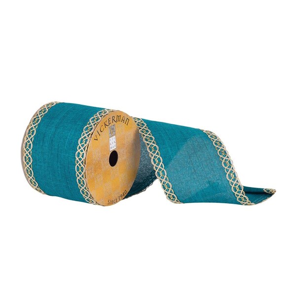 Vickerman 3.75 in. x 10 Yards Turquoise Dupioni Ribbon with Gold Swirl Edge, 24PK - Q181339