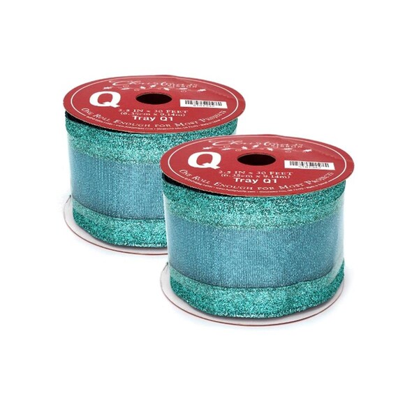 Queens Of Christmas 30 ft. Aqua Glitter RIbbon with Mesh Stripe - RBN-5181342-AQ-2PK