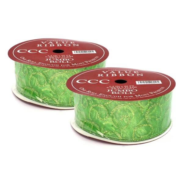 Queens Of Christmas 90 ft. Ribbon with Glitter Swirls, Lime Green 2PK - RBN-5342761-LG-2PK