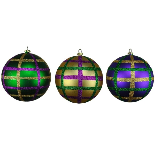 Queens Of Christmas 100 mm Gold Purple & Green Ball Ornaments , 3PK - ORN-BALL-100-3PK-MDI