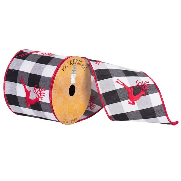 Vickerman 4 in. x 10 Yard Red Running Reindeer on Plaid Edge Ribbon - Q172169