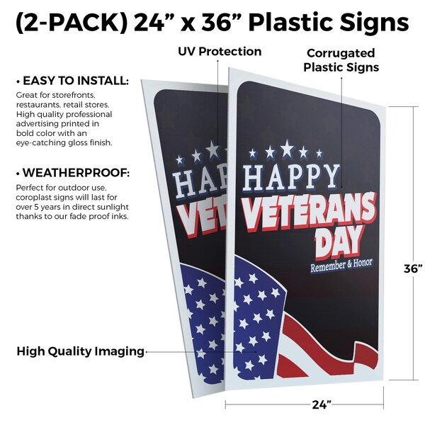 Signmission Happy Veterans Day, Plastic Signs Only 24 Inch x 36 Inch, Corrugated Plastic, 2PK - CSB-2436-2PACK-30392